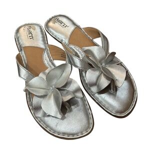 Born Sandals Women Silver Metallic Floral Thong Slides Flip Flop Cushioned S 8